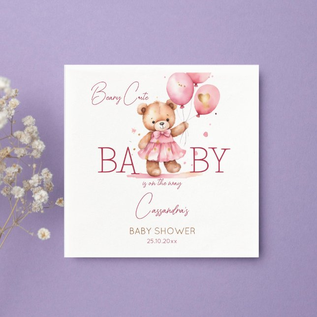 Beary cute girl teddy bear baby shower tableware napkins (Beary cute teddy bear girl baby shower tableware personalized template napkins cute teddy with dress)