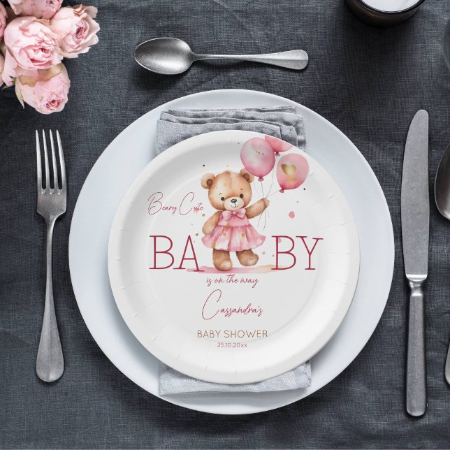 Beary cute girl teddy bear baby shower tableware paper plates (Beary cute teddy bear girl baby shower tableware personalized plates cute teddy with a pink dress)