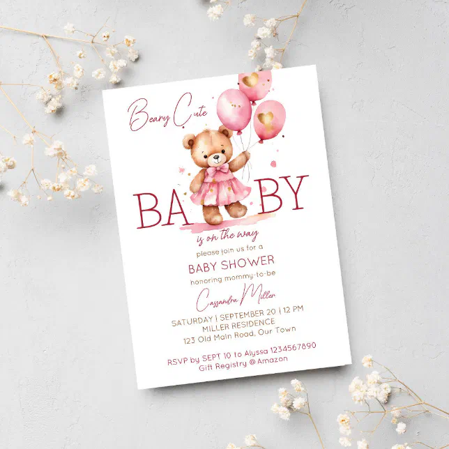 Beary cute girl teddy bear baby shower template | Zazzle