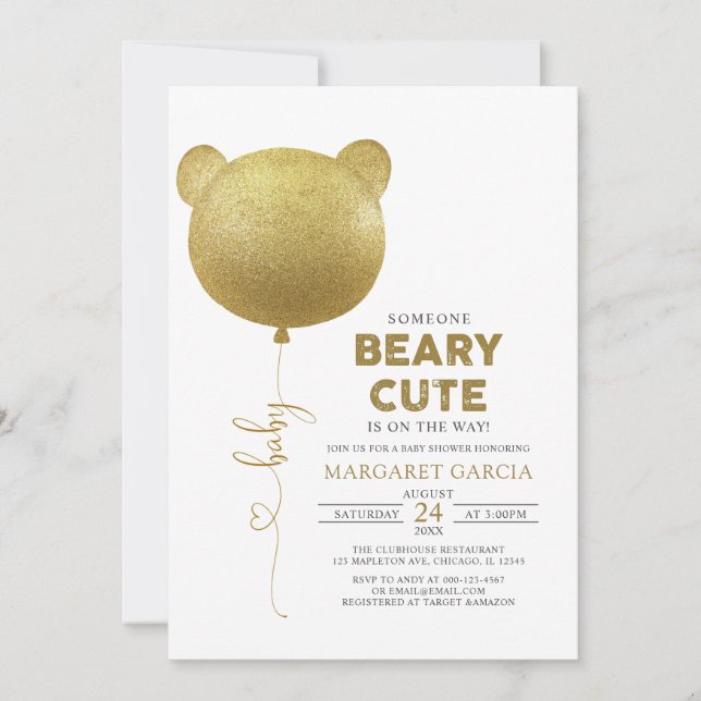 Beary Cute Gold Balloon Teddy Bear Baby Shower Invitation (Front)