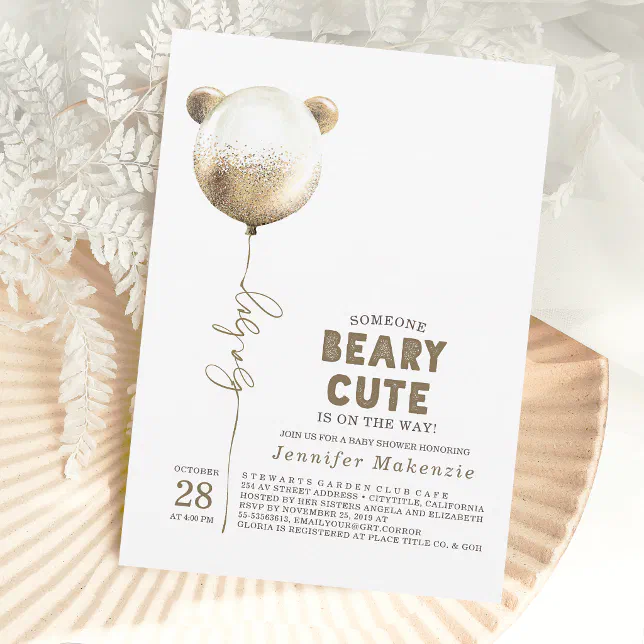 Beary Cute Gold Balloon Teddy Bear Baby Shower Invitation | Zazzle