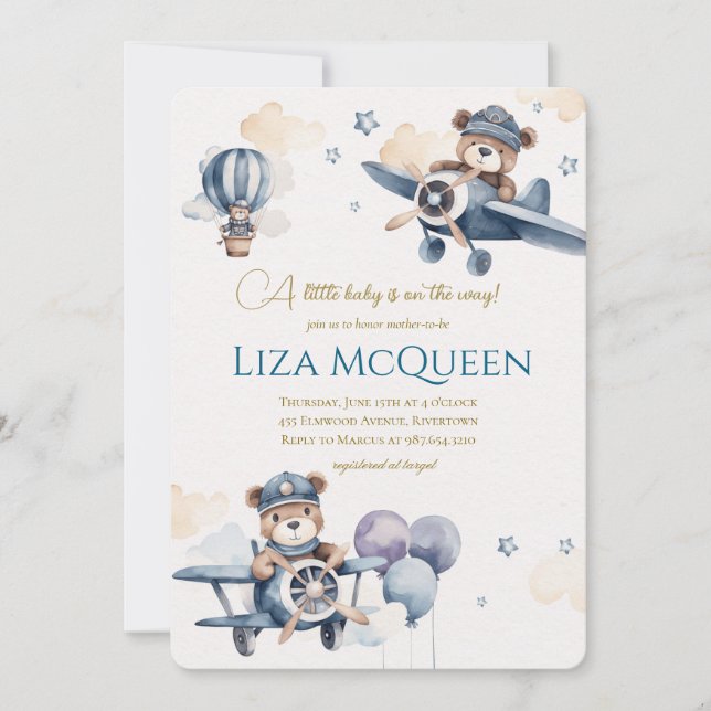 Beary Cute Pilot baby shower invitation (Front)