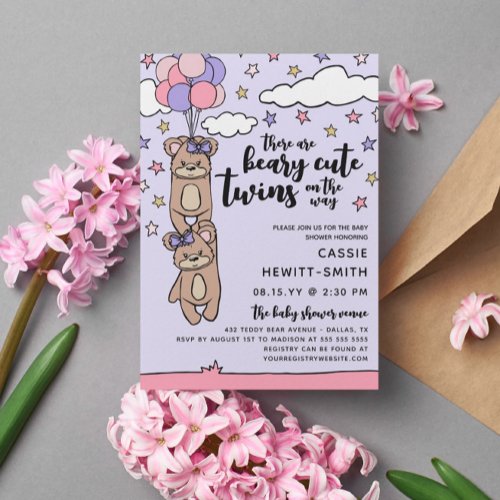 Beary Cute Pink Girl Twins Baby Shower Invitation
