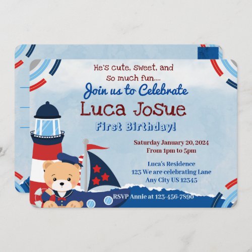 Beary Cute Sailor Birthday Invitation