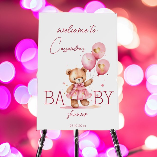 Beary cute teddy bear baby shower welcome sign (Beary cute girl teddy bear baby shower welcome sign board cute teddy bear with pink dress balloons)