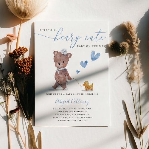 Beary Cute Teddy Bear Boy Baby Shower Invitation