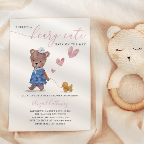 Beary Cute Teddy Bear Girl Baby Shower Invitation