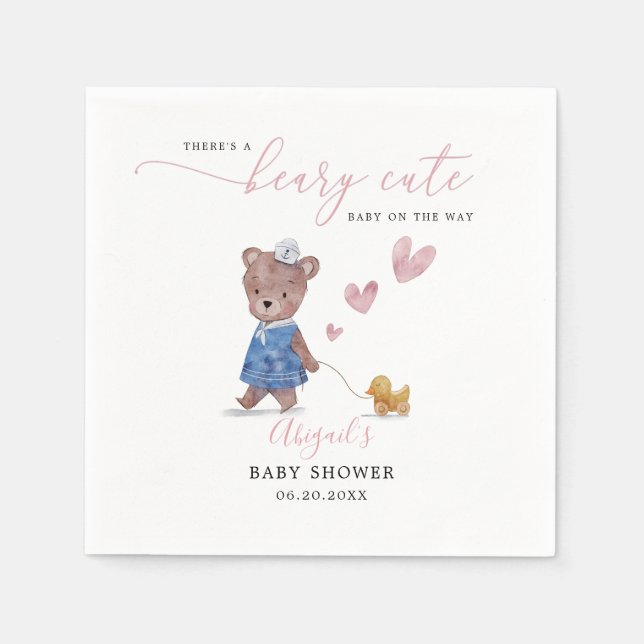 Beary Cute Teddy Bear Girl Baby Shower Napkins (Front)