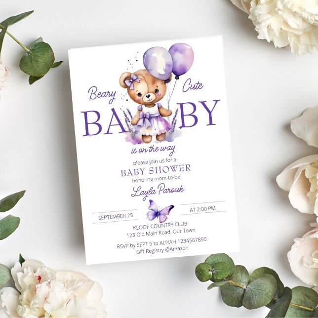 Beary cute teddy bear purple lavender baby shower invitation (Beary cute teddy bear baby shower template invitation instant digital download purple teddy bear )