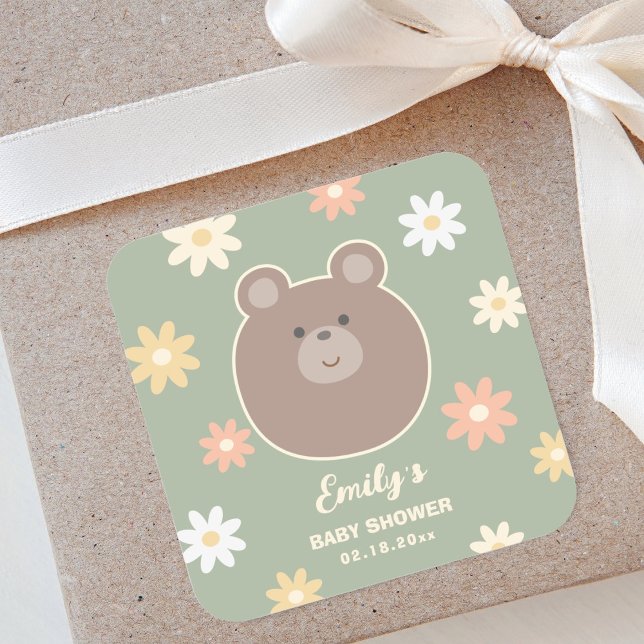 Beary Cute Teddy Bear Spring Baby Boy Baby Shower Square Sticker (Creator Uploaded)