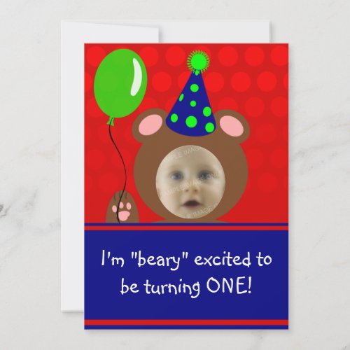 Beary Excited Bear Face Photo Birthday Party Personalized Invitation