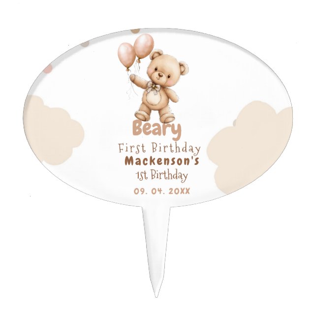 Beary First Balloon Boy 1st Birthday Teddy Bear Cake Topper (Front)