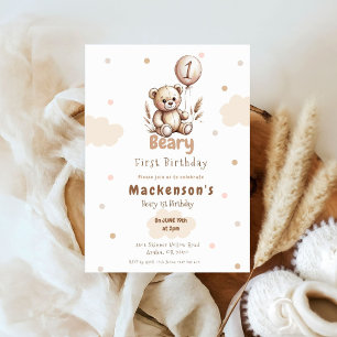 Beary First Balloon Boy 1st Birthday Teddy Bear Invitation