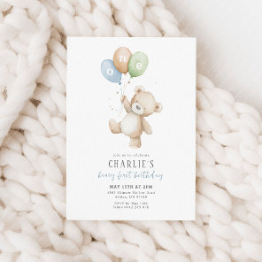 Beary First Balloon Boy 1st Birthday Teddy Bear Invitation