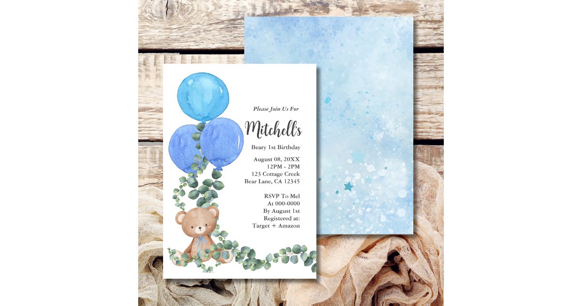 Beary First Birthday Blue Balloon Invitation | Zazzle