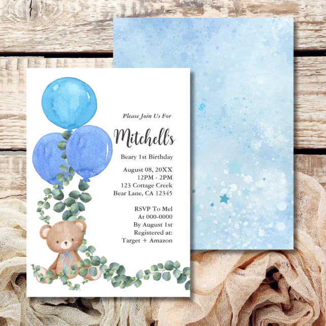 Beary First Birthday Blue Balloon Invitation | Zazzle