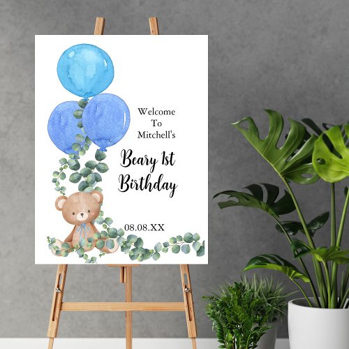 Beary First Birthday Blue Balloon Welcome Sign 