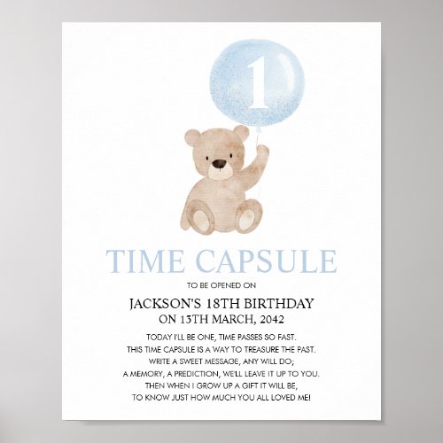 Beary First Birthday Blue Bear Time Capsule Poster