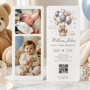 Beary First Birthday Blue Gold Teddy Bear Qr Code Invitation