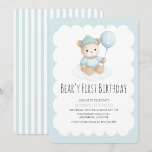 Beary First Birthday Blue Teddy Bear Invitation