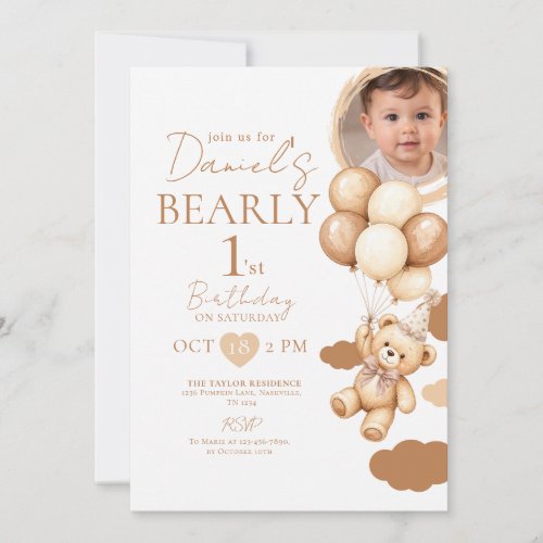 Beary First Birthday Boy Photo Bear Bow Balloon Invitation
