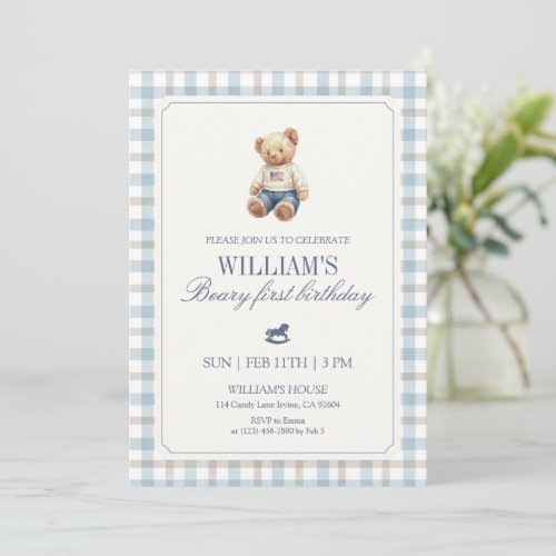 Beary First Birthday Boy Teddy Bear Gingham