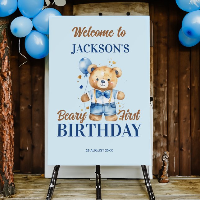 Beary first birthday cute teddy bear welcome sign (Beary first boys birthday party cute teddy bear welcome sign board personalized entrance decor)
