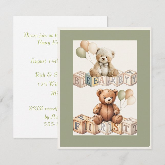 Beary First Birthday DIGITAL DOWNLOAD Invite (Front/Back)