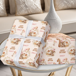 Beary First Birthday Fall Bear Girl 1st Birthday Wrapping Paper