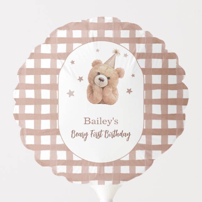Beary First Birthday Gingham Balloon (Front)