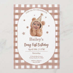 Beary First Birthday Gingham Photo Invitation