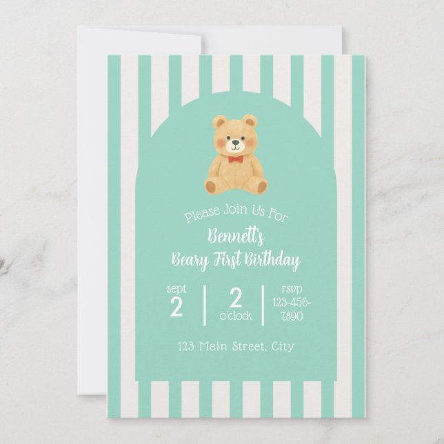 Beary First Birthday Invitation | Teal (Front)