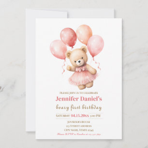 Beary First Birthday Invite with Pink Balloons