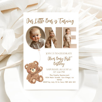 Beary First Birthday Little Bear Photo Invitation