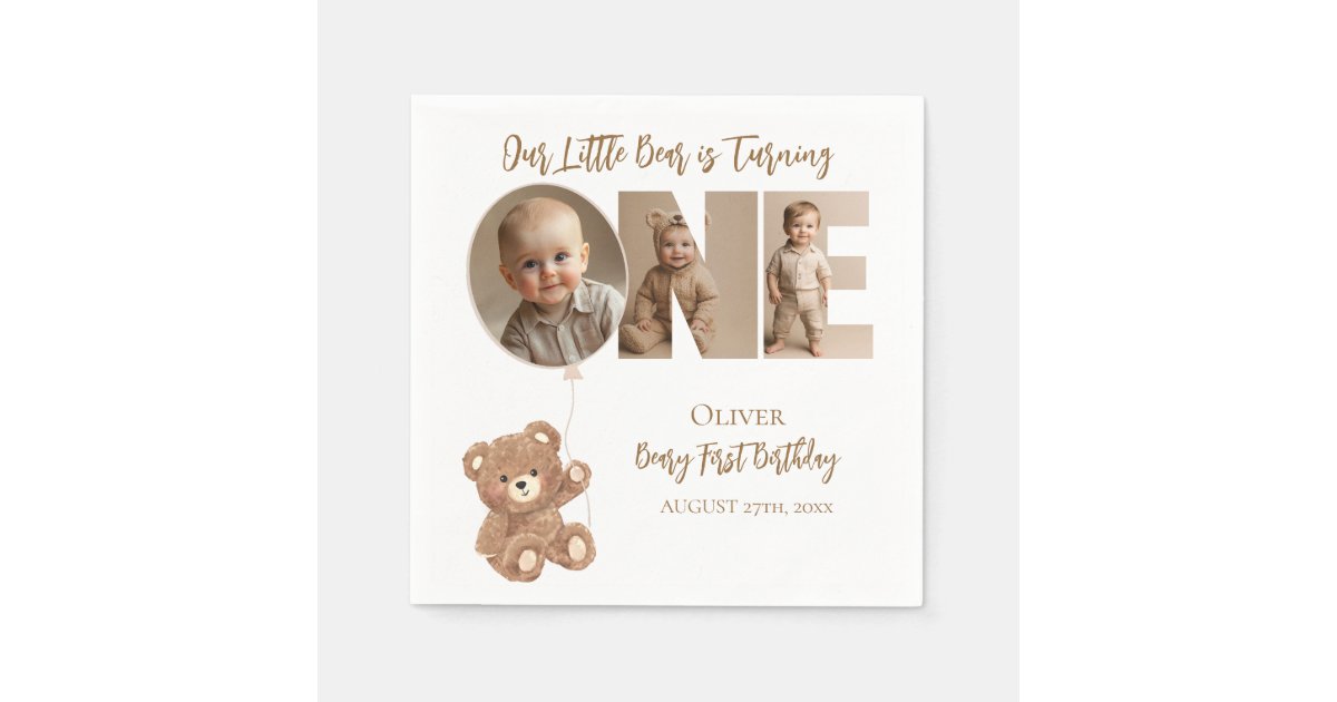 Beary First Birthday Little Bear Photo Napkins | Zazzle