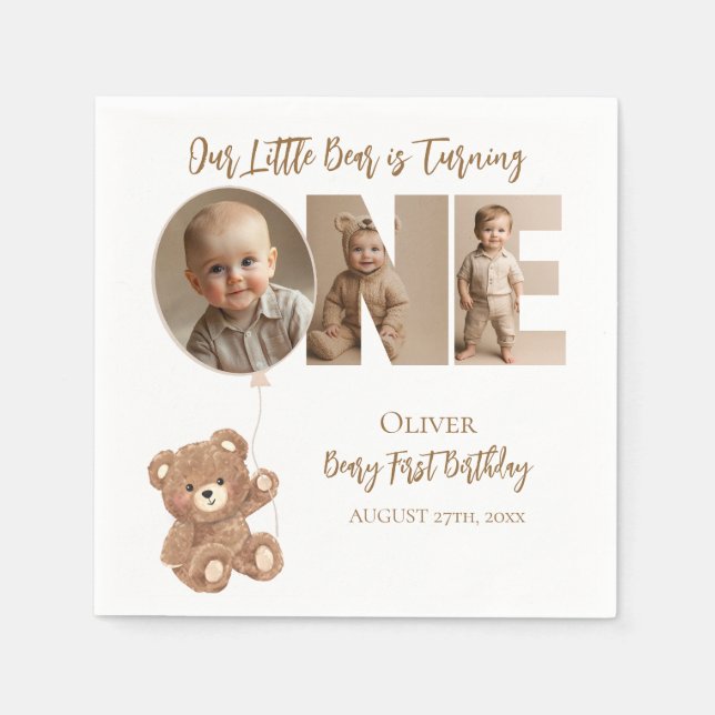 Beary First Birthday Little Bear Photo Napkins (Front)