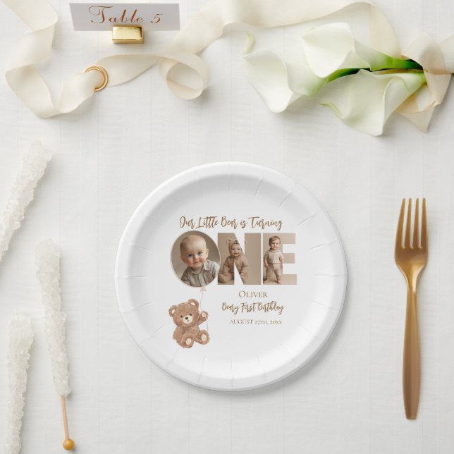 Beary First Birthday Little Bear Photo Paper Plates (Wedding)
