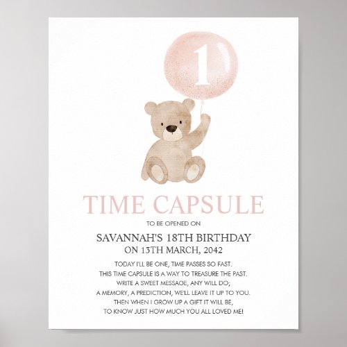 Beary First Birthday Pink Bear Time Capsule Poster