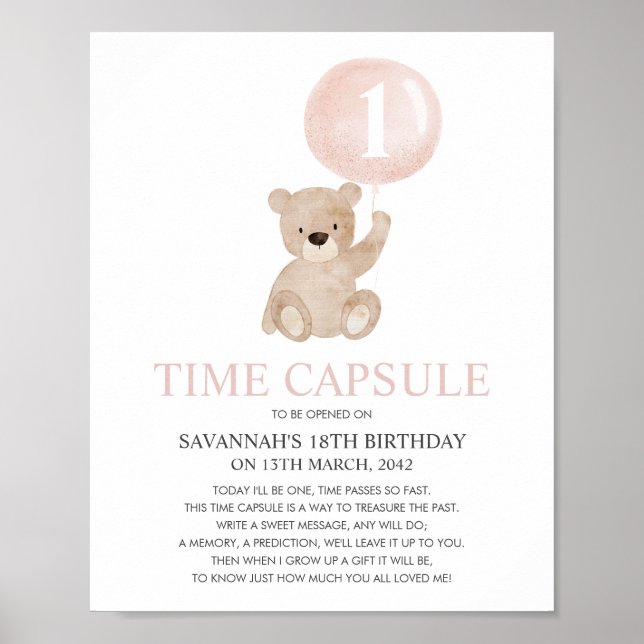 Beary First Birthday Pink Bear Time Capsule Poster (Front)