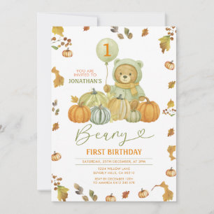 Beary First Birthday Pumpkin Green Autumn Leaves Invitation
