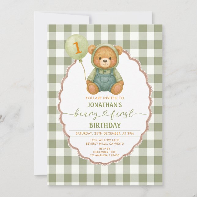 Beary First Birthday Pumpkin Sage Green Gingham Invitation (Front)