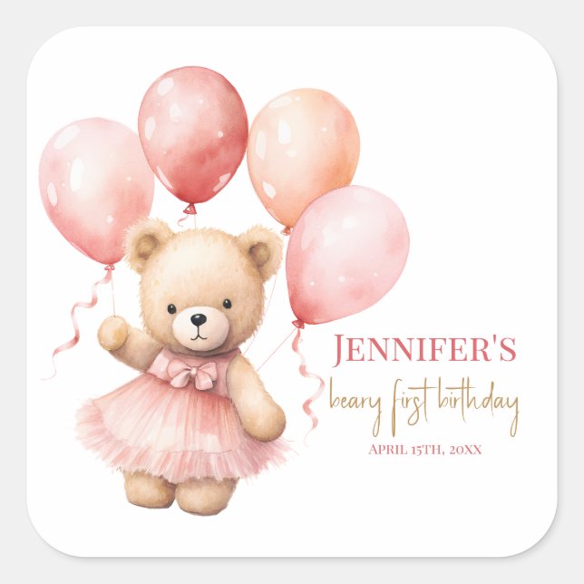 Beary First Birthday Square Favor Labels Princes (Front)
