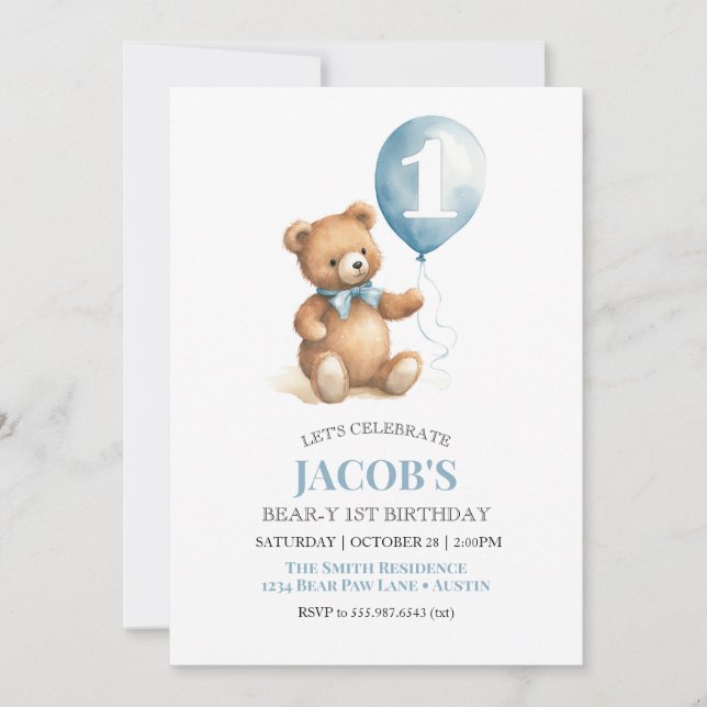Beary First Birthday Teddy Bear Boy Invitation (Front)