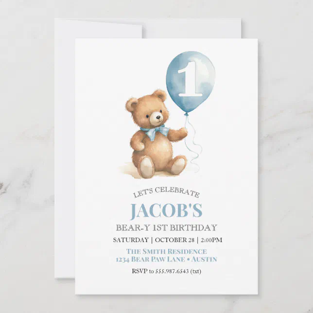 Beary First Birthday Teddy Bear Boy Invitation | Zazzle