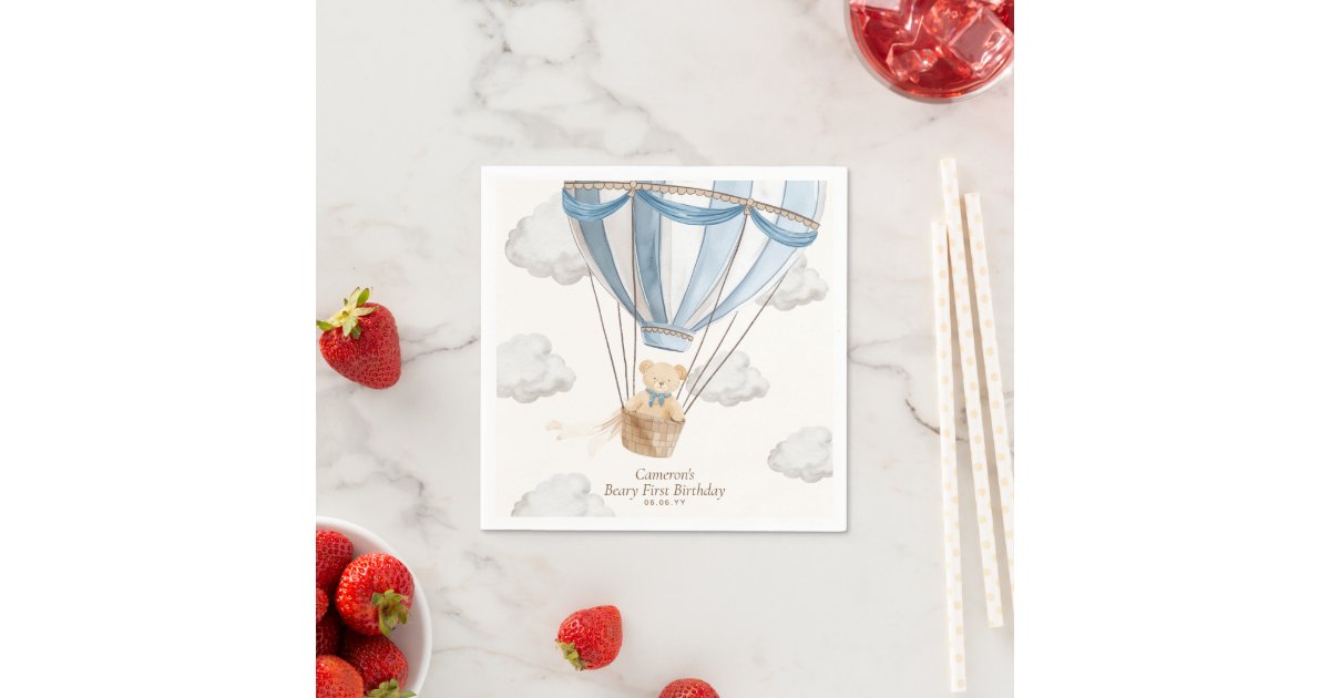 Beary First Birthday Teddy Bear Hot Air Balloon Napkins | Zazzle