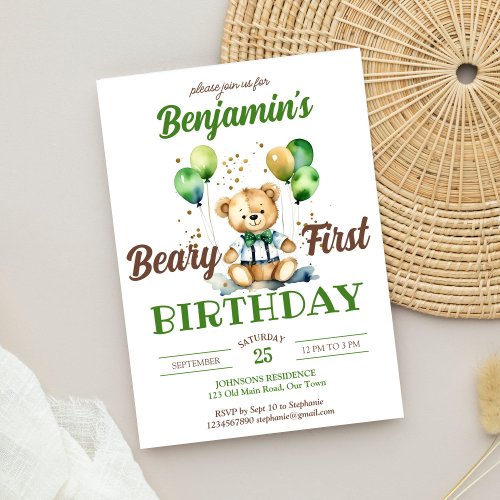 Beary first birthday teddy bear party green brown invitation