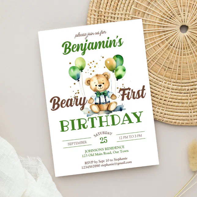 Beary first birthday teddy bear party green brown invitation | Zazzle