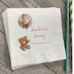 Beary First Birthday Teddy Bear Photo Party Napkins
