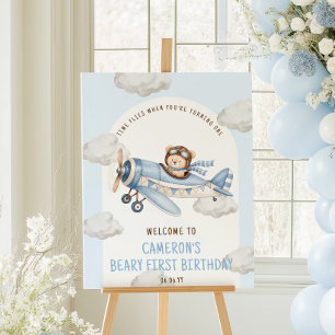 Beary First Birthday Teddy Bear Plane Welcome Sign