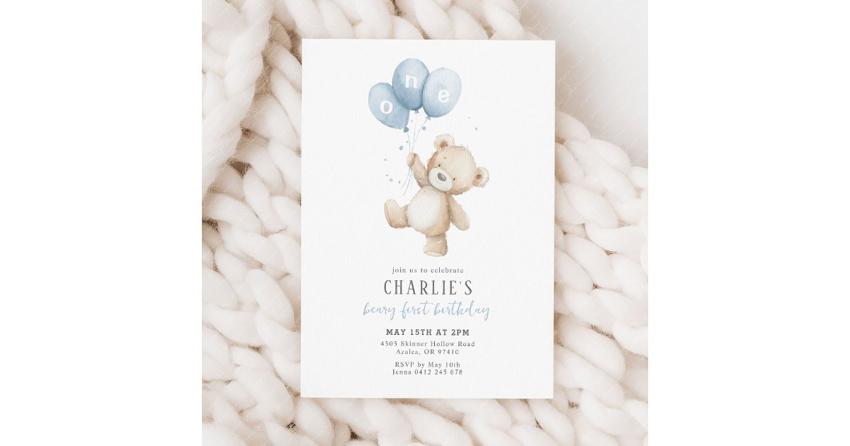 Beary First Blue Balloon Boy 1st Birthday Teddy Invitation | Zazzle